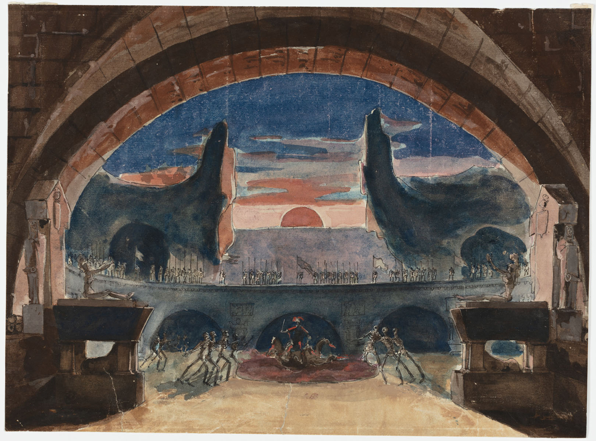 I förgrunden en välvd scenöppning/portal. I bildens mitt strider en man med en drake omgiven av skelett. I fonden en upphöjd halvrund plattform med uppställda soldater. Bakom den klippformationer och en upp eller nedgående sol.
