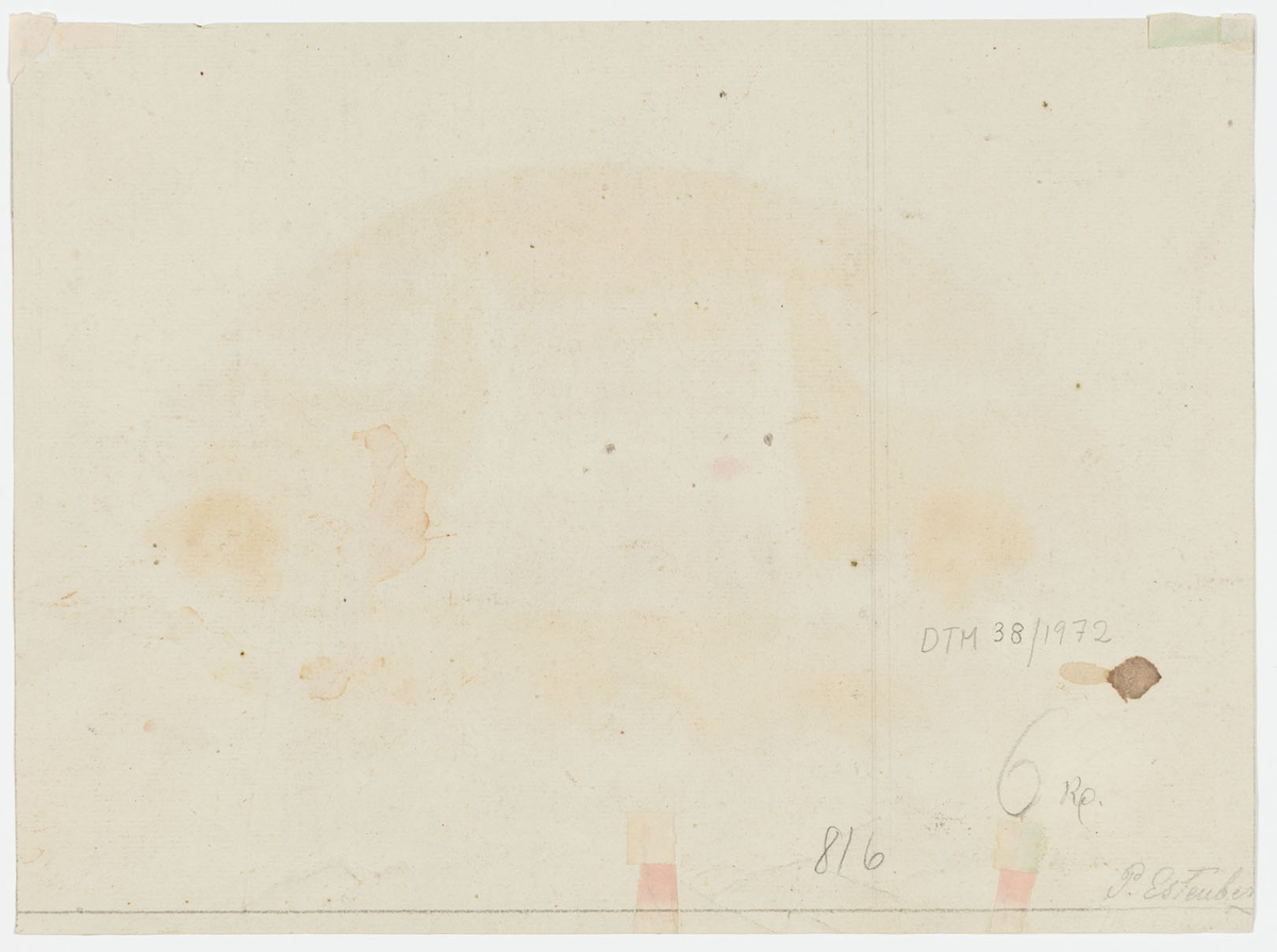 I förgrunden en välvd scenöppning/portal. I bildens mitt strider en man med en drake omgiven av skelett. I fonden en upphöjd halvrund plattform med uppställda soldater. Bakom den klippformationer och en upp eller nedgående sol.
