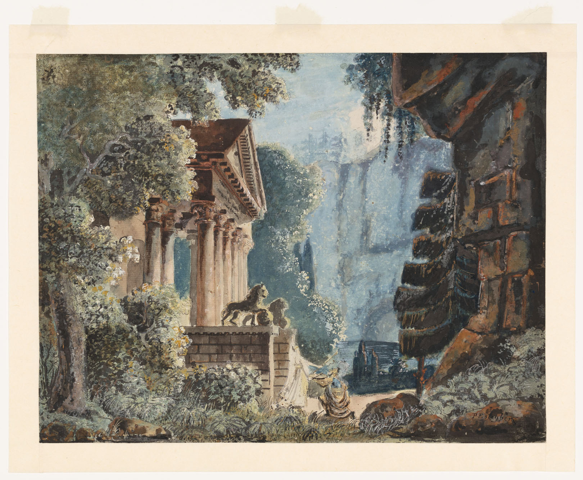 Tempelgavel som skymtar fram bland lövträd i klipplandskap med sjö. Framför templet en knäböjande man samt en stående vitklädd kvinna.
