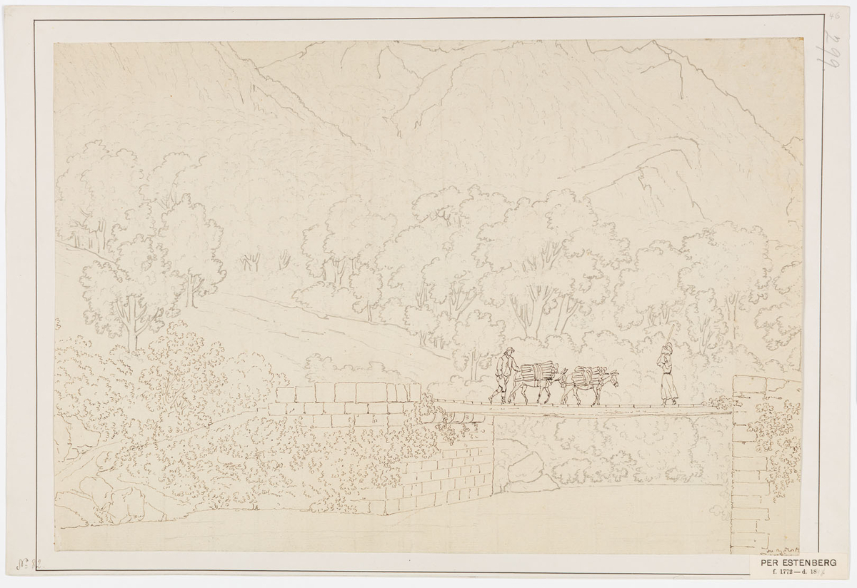 Bilden föreställer ett skogslandskap med bro över vattendrag med åsna med last på ryggen samt en man och en bärande kvinna.
