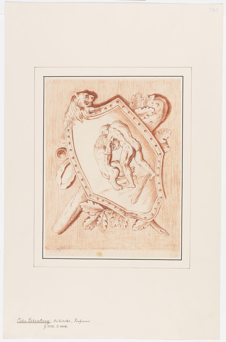 Bilden föreställer en vapensköld kantad av ekblad samt lejon och en man som brottas.
