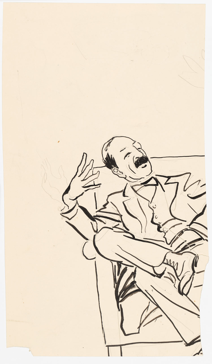 Kostymklädd man som sitter i en fåtölj. Han har svart mustasch samt tunnhårig. Mannen gestikulerar med höger hand. På baksidan ses fem nakna män av antikt snitt i olika poser. 
