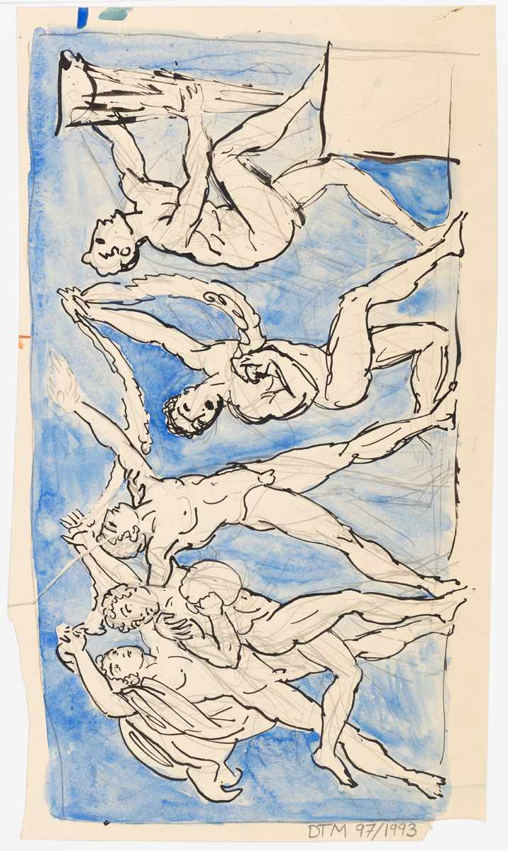 Kostymklädd man som sitter i en fåtölj. Han har svart mustasch samt tunnhårig. Mannen gestikulerar med höger hand. På baksidan ses fem nakna män av antikt snitt i olika poser. 
