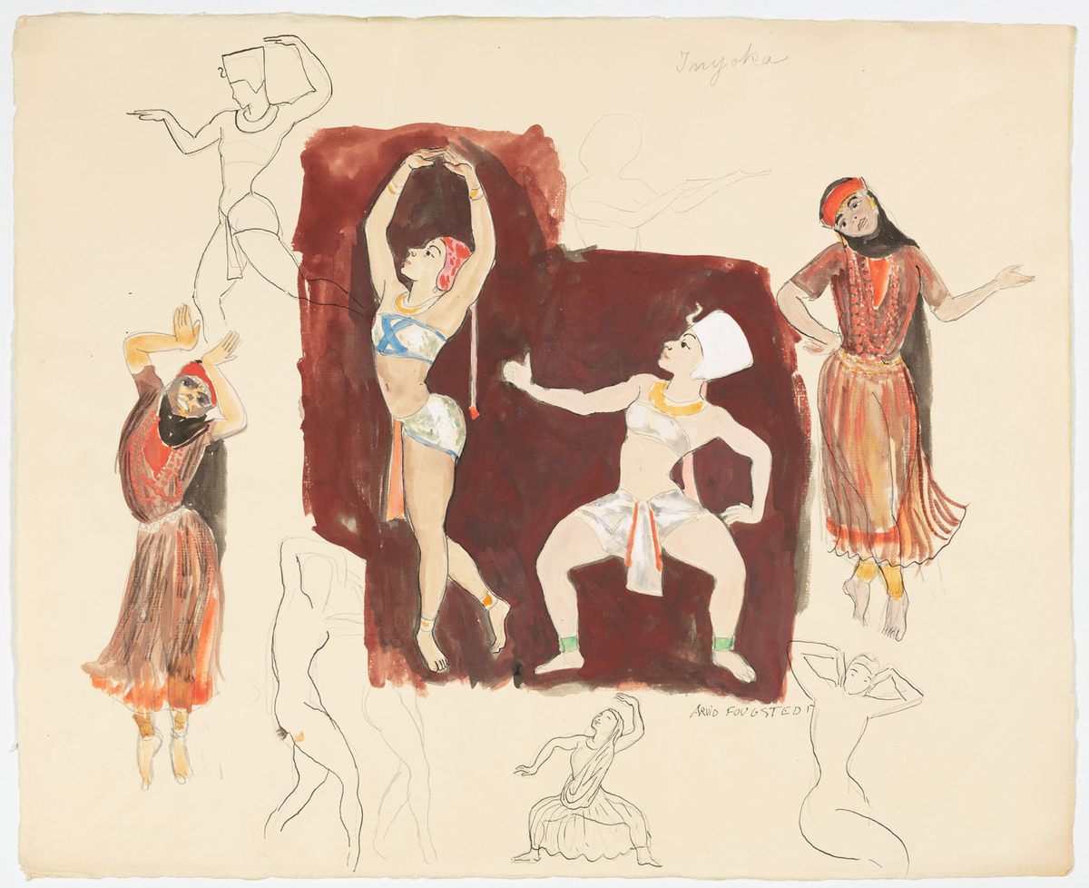 Flera skisser av en kvinna som dansar, dels i egyptiskt inspirerade kläder och dels i en mer arabiskt inspirerad brunröd klänning.
