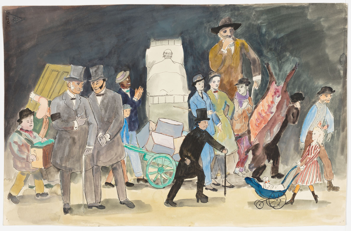 I bakgrunden i bildens mitt ligger en person i en säng. Framför går 12 män, en pojke och en flicka förbi. Flickan skjuter en barnvagn och pojken en skottkärra, en man bär en slaktad ko, andra lådor. Två män i gråa överrockar och hattar pratar med varandra.
