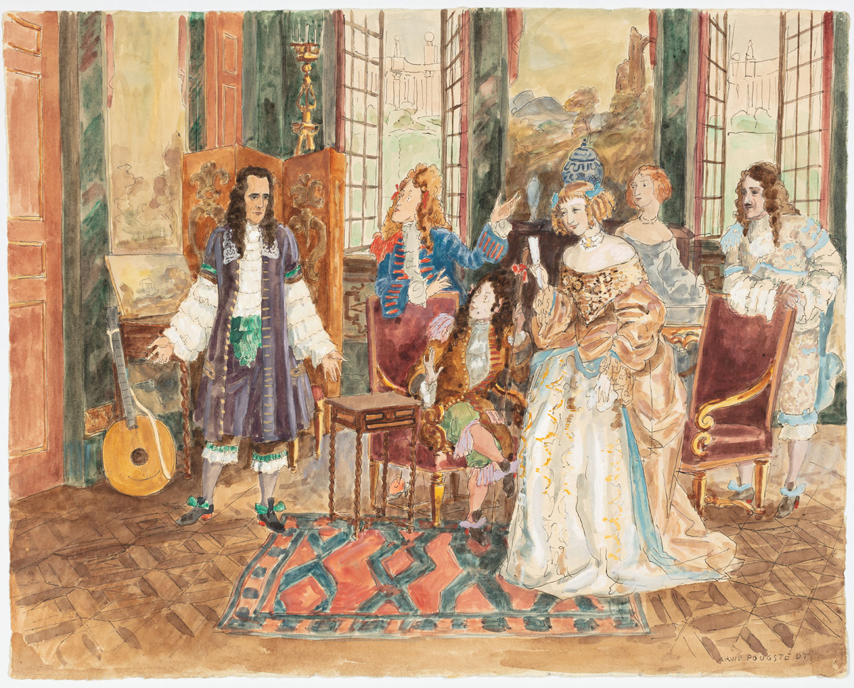 I ett rum inrett i barockstil finns fyra män och två kvinnor klädda i barockkläder och peruker. En man sitter i en karmstol medan de andra är ståendes. 
