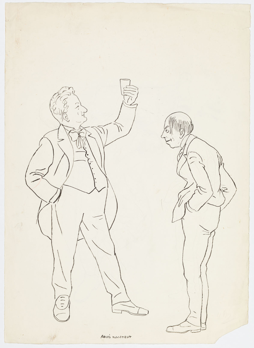 Till vänster står en man i profil till höger iklädd byxor, väst, fluga och rock. I vänsterhanden som han höjer håller han ett glas. Till höger i profil till vänster står en mindre man klädd i kostym.
På baksidan: En blyertsteckning av en halvliggande man. Iklädd skor, benlindor, knäbyxor, skjorta och hatt. Han lutar sig mot ett korintiskt kapitäl. Han har skägg.
