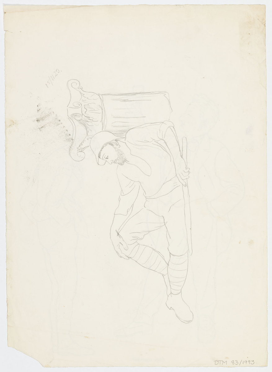 Till vänster står en man i profil till höger iklädd byxor, väst, fluga och rock. I vänsterhanden som han höjer håller han ett glas. Till höger i profil till vänster står en mindre man klädd i kostym.
På baksidan: En blyertsteckning av en halvliggande man. Iklädd skor, benlindor, knäbyxor, skjorta och hatt. Han lutar sig mot ett korintiskt kapitäl. Han har skägg.
