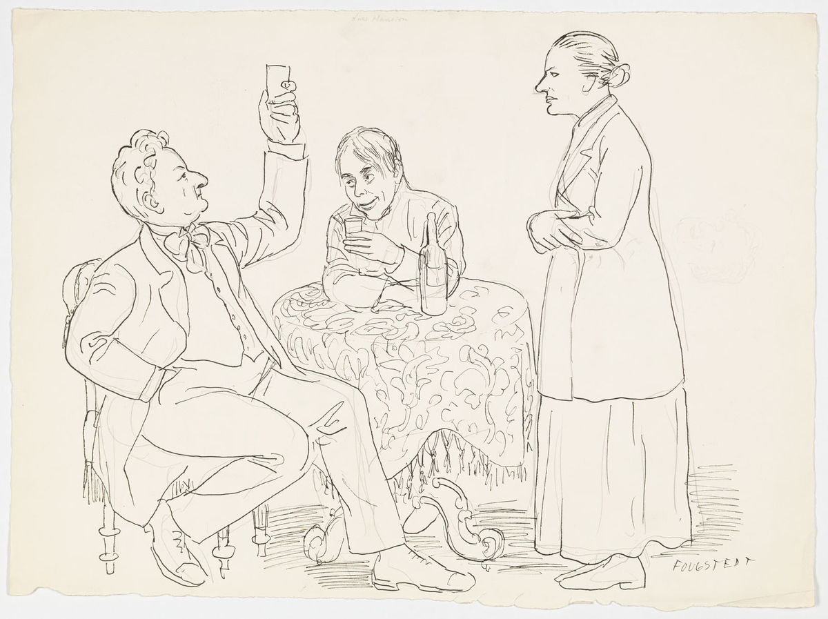 Till vänster, i profil till höger sitter en man vid ett runt bord iklädd kostym och höjer ett glas. Vid bordet, mot betraktaren sitter ännu en man med ett glas i handen. Till höger står en kvinna i profil till vänster iklädd lång kjol och höftlång jacka.
På baksidan: En bröstbild av konstnärens hustru Gerda.
