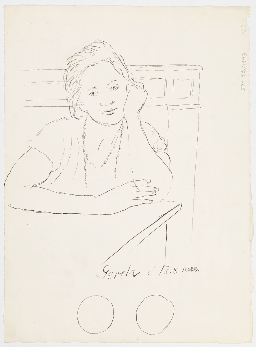 Till vänster, i profil till höger sitter en man vid ett runt bord iklädd kostym och höjer ett glas. Vid bordet, mot betraktaren sitter ännu en man med ett glas i handen. Till höger står en kvinna i profil till vänster iklädd lång kjol och höftlång jacka.
På baksidan: En bröstbild av konstnärens hustru Gerda.
