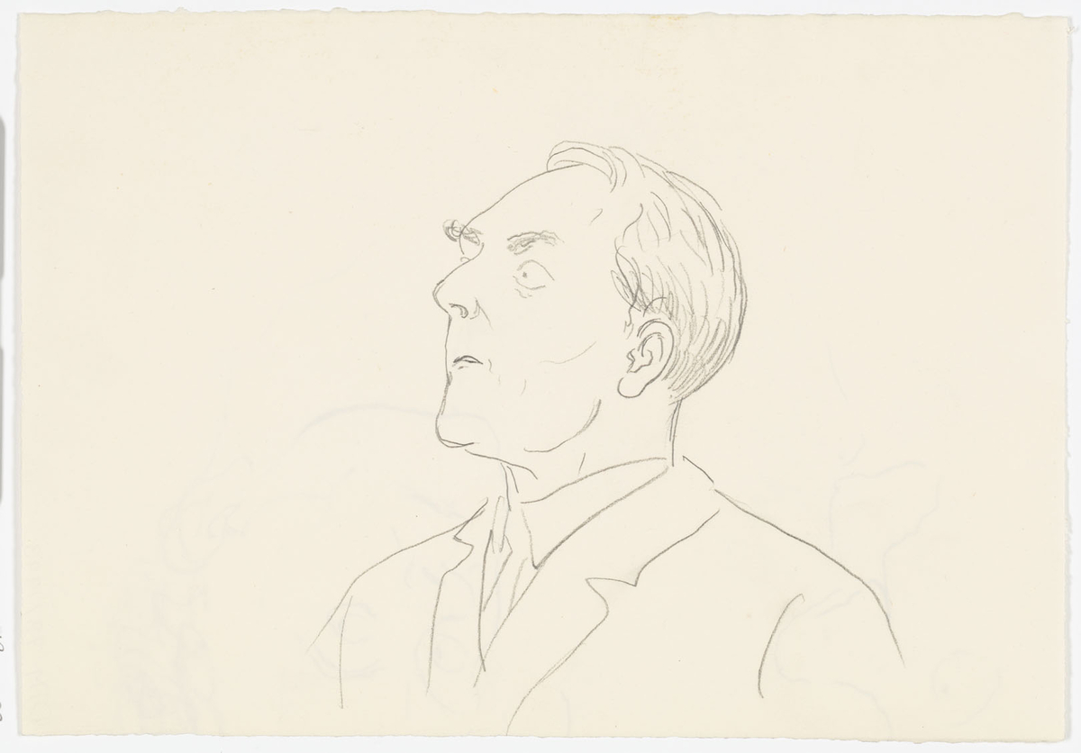 Manshuvud i profil till vänster
På baksidan: Penselteckning av manshuvud framifrån och i profil till vänster.
