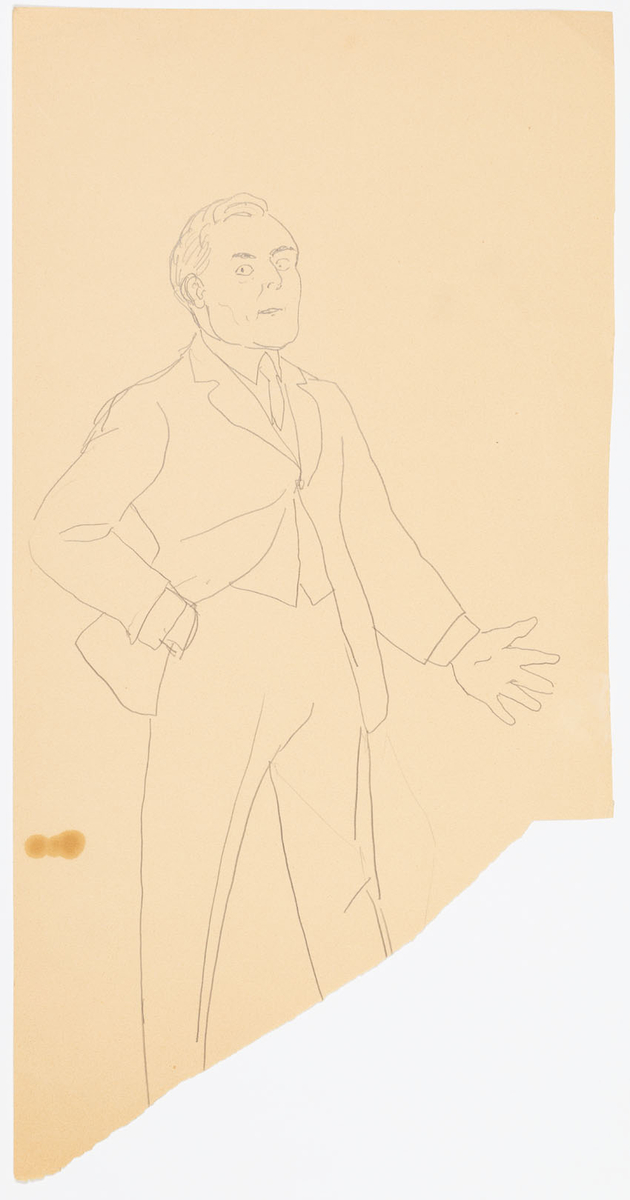 Stående kostymklädd man. Han har högerhanden i byxfickan och den vänstra utsträckt.
På baksidan: Skiss av bl.a. ett manshuvud i profil till höger.
