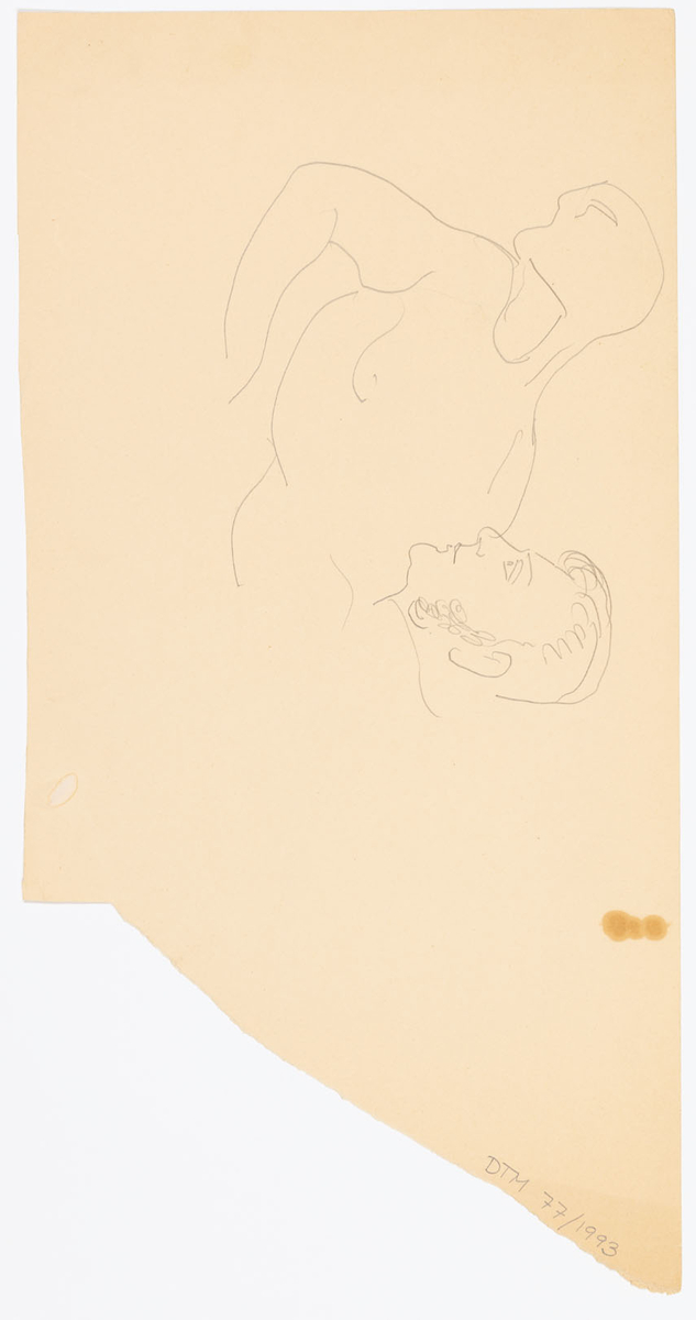 Stående kostymklädd man. Han har högerhanden i byxfickan och den vänstra utsträckt.
På baksidan: Skiss av bl.a. ett manshuvud i profil till höger.
