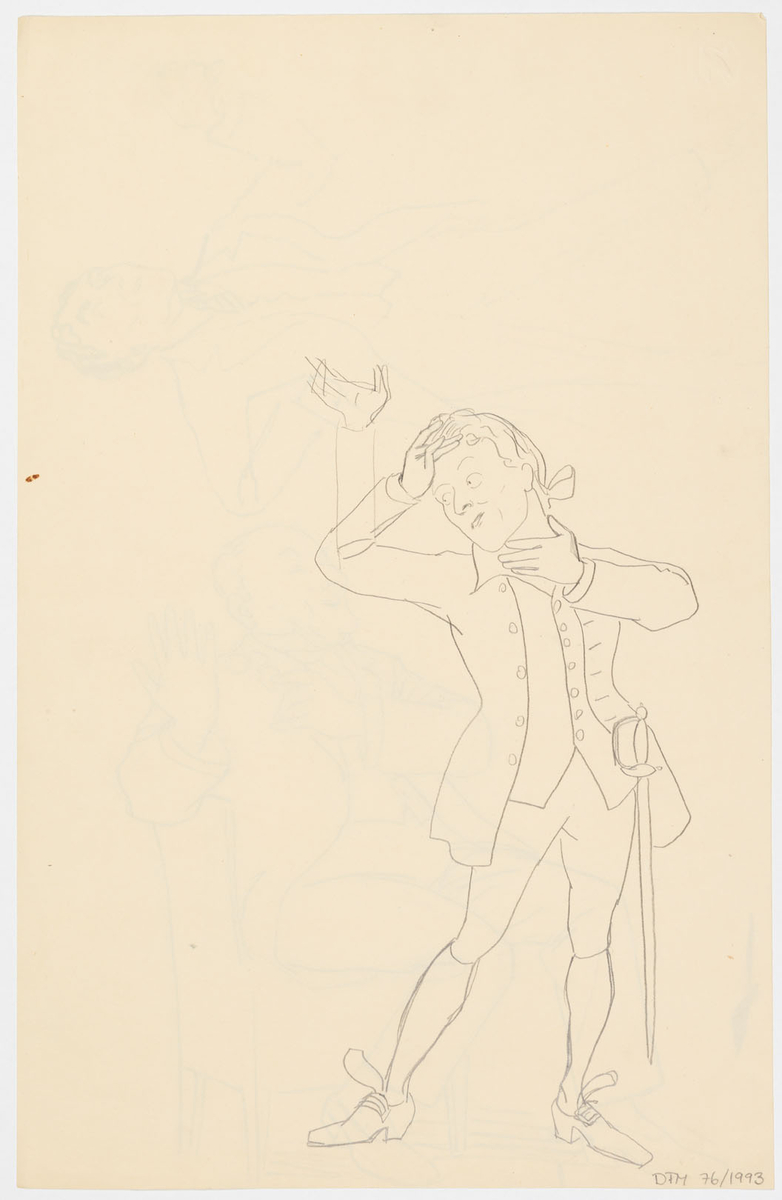 Stående kostymklädd man som röker samt en sittande kostymklädd man i halvprofil till vänster. Han håller i en pincené och skrattar.
På baksidan: En blyertsskiss av en man klädd i knäbyxor, väst rock och skor. Vid hans vänstra höft hänger en värja och han tar sig för pannan med högerhanden. 
