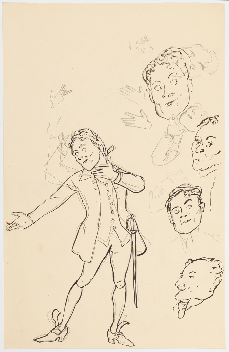 Man iklädd knäbyxor, väst rock och skor. Vid hans vänstra höft hänger en värja. Han vrider huvudet mot vänster och sträcker ut sin högerarm. Till höger flera skisser i tusch och blyerts av manshuvuden och händer. På baksidan: Blyertsskiss av mannen och tre manshuvuden.
