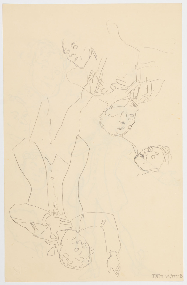 Man iklädd knäbyxor, väst rock och skor. Vid hans vänstra höft hänger en värja. Han vrider huvudet mot vänster och sträcker ut sin högerarm. Till höger flera skisser i tusch och blyerts av manshuvuden och händer. På baksidan: Blyertsskiss av mannen och tre manshuvuden.
