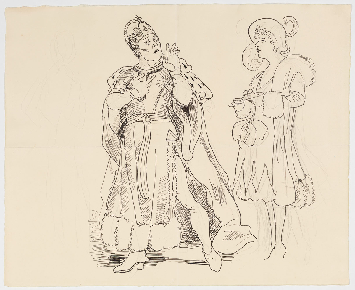 Till vänster står en man i halvprofil till höger. Klädd som kung i krona och mantel etc. Till höger i profil till vänster står en kvinna i knälång klänning, pälsbrämad kappa och hatt.
På baksidan: Två små blyertsskisser av människor och en lyktstolpe.
