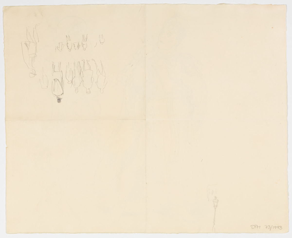 Till vänster står en man i halvprofil till höger. Klädd som kung i krona och mantel etc. Till höger i profil till vänster står en kvinna i knälång klänning, pälsbrämad kappa och hatt.
På baksidan: Två små blyertsskisser av människor och en lyktstolpe.
