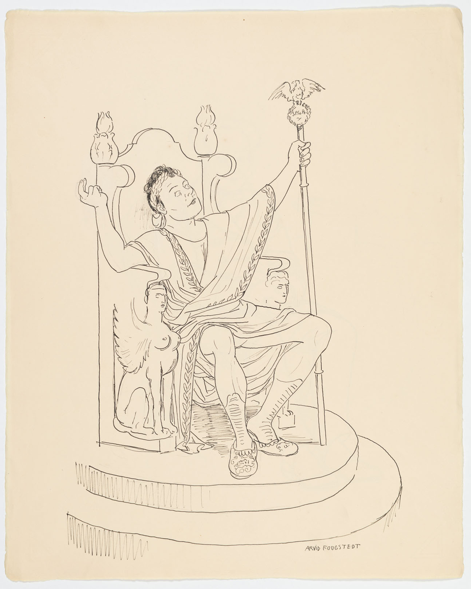 Man i halvprofil till höger, i antikiserande dräkt samt lagerkrans på huvudet. Han sitter på en tron. I vänster hand en stav med den romerska örnen.
På baksidan:  En skiss av en sittande man klädd i ytterrock. På ett bord bakom till vänster en hög hatt. Framför stolen han sitter på ligger en hund.
