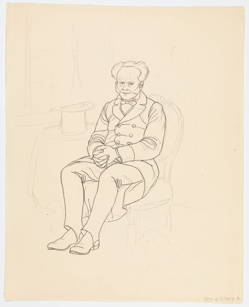 Man i halvprofil till höger, i antikiserande dräkt samt lagerkrans på huvudet. Han sitter på en tron. I vänster hand en stav med den romerska örnen.
På baksidan:  En skiss av en sittande man klädd i ytterrock. På ett bord bakom till vänster en hög hatt. Framför stolen han sitter på ligger en hund.
