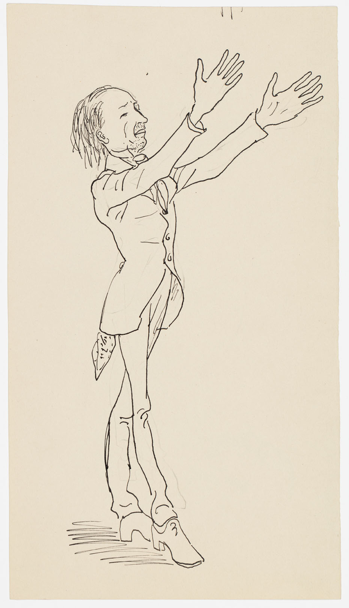 Smal kostymklädd man i profill till höger. Han sträcker upp sina händer.
På baksidan: En skiss i tusch och blyerts av mannen i profil.
