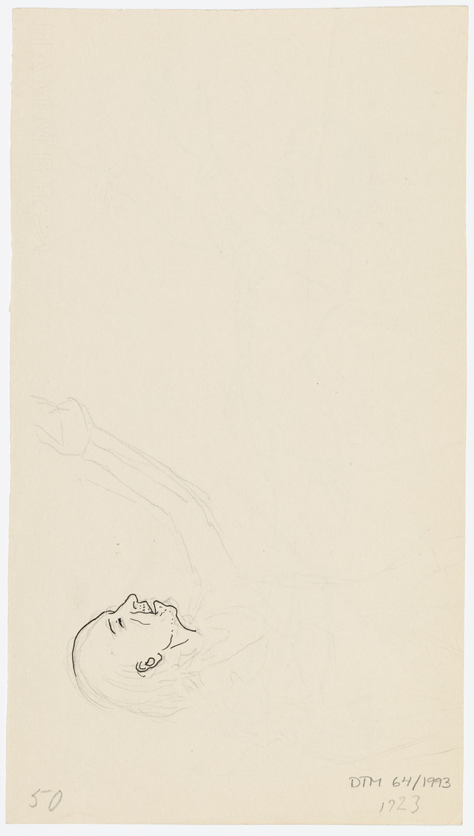 Smal kostymklädd man i profill till höger. Han sträcker upp sina händer.
På baksidan: En skiss i tusch och blyerts av mannen i profil.
