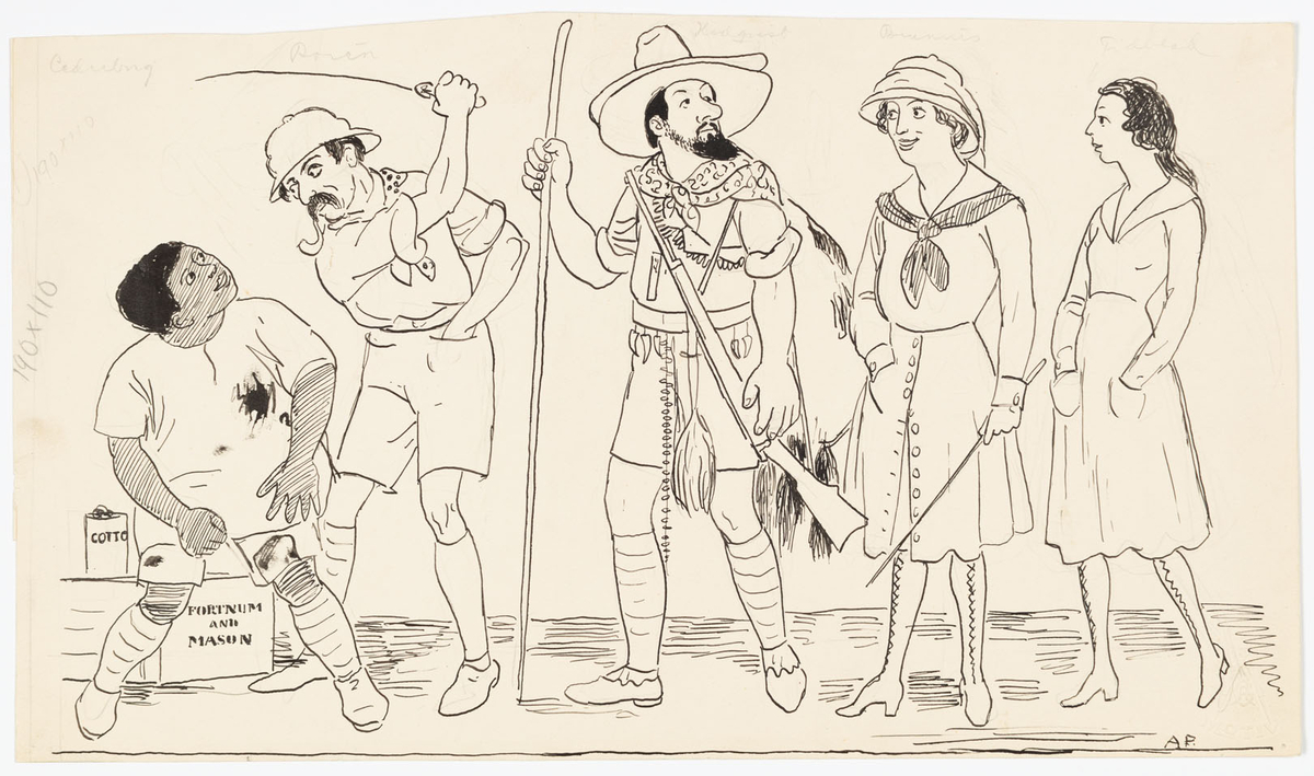 Längst till vänster en hukande man (Artur Cederborgh som Simba) i kortbyxor och kortärmad tröja. Över honom en man (Erik Rosén som Arnold Allington) i safarikostym med piska höjd över huvudet. I mitten en man (Ivan Hedqvist som Kinangozi) i safarikostym, skägg och två hattar på huvudet. Över axeln hänger ett gevär och i hans högra hand en stav. Till höger en kvinna (Pauline Brunius som Sylvia) i   till hälften uppknäppt kjol, blus, sjal, knähöga stövlar och tropikhjälm. Längst till höger kvinna (Inga Tidblad som Cecily) i klänning med fickor. Hon bär knähöga stövlar.