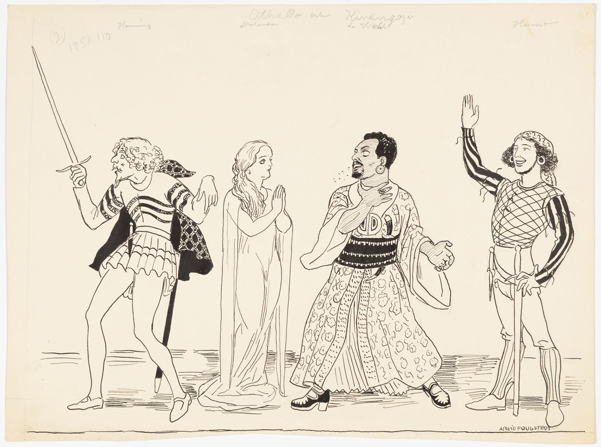 En kvinna och tre män. Från vänster, en man (Uno Henning som Cassio) i profil iklädd höftlång tröja, bentrikåer och kort mantel. Han håller upp ett svärd. Bredvid en kvinna (Karin Molander som Desdemona) i halvprofil iklädd lång tunn klänning. En mörkhyad man ( Anders de Wahl som Othello) i halvprofil iklädd fotsid mönstrad rock. Längst till höger man (Lars Hanson som Jogo) i halvprofil iklädd byxor, skenbensskydd, randig tröja, väst och scarf på huvudet.