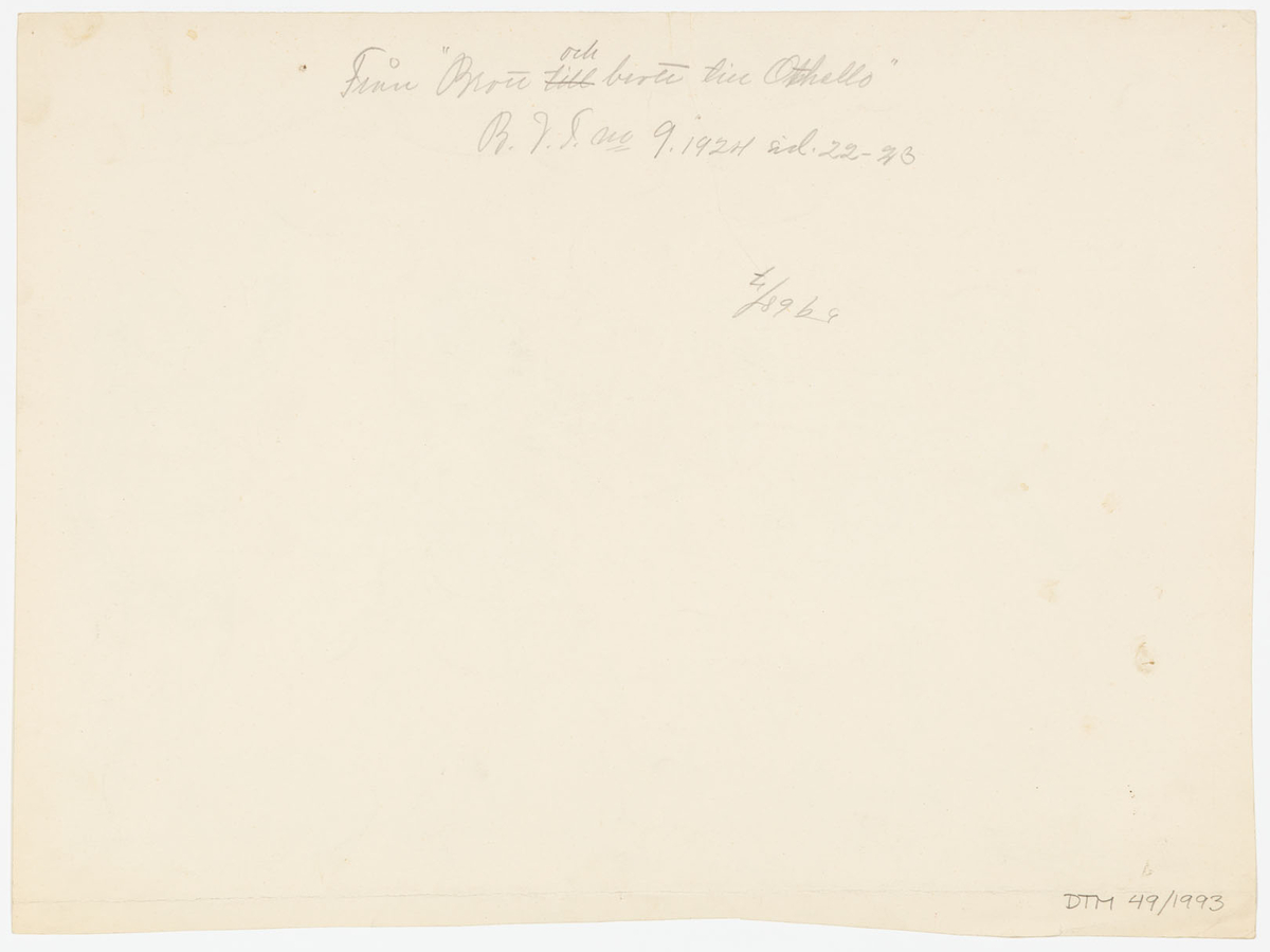 En kvinna och tre män. Från vänster, en man (Uno Henning som Cassio) i profil iklädd höftlång tröja, bentrikåer och kort mantel. Han håller upp ett svärd. Bredvid en kvinna (Karin Molander som Desdemona) i halvprofil iklädd lång tunn klänning. En mörkhyad man ( Anders de Wahl som Othello) i halvprofil iklädd fotsid mönstrad rock. Längst till höger man (Lars Hanson som Jogo) i halvprofil iklädd byxor, skenbensskydd, randig tröja, väst och scarf på huvudet.