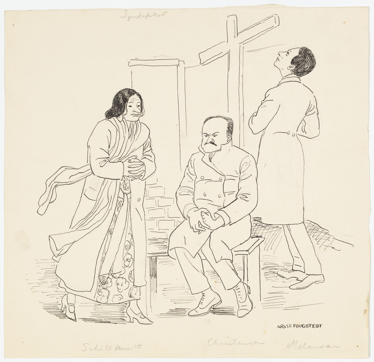 Till vänster går en kvinna (Maria Schildknecht som Nini Aarvik) i ankellång klänning, kappa och halsduk. I mitten på en bänk sitter en man (Halfdan Christensen som Nils Gade) iklädd dubbelknäppt ytterrock. Bakom till höger står en man (Gustaf Molander som Olaf Aarvik) i profil iklädd ytterrock och tittar upp mot ett kors.
