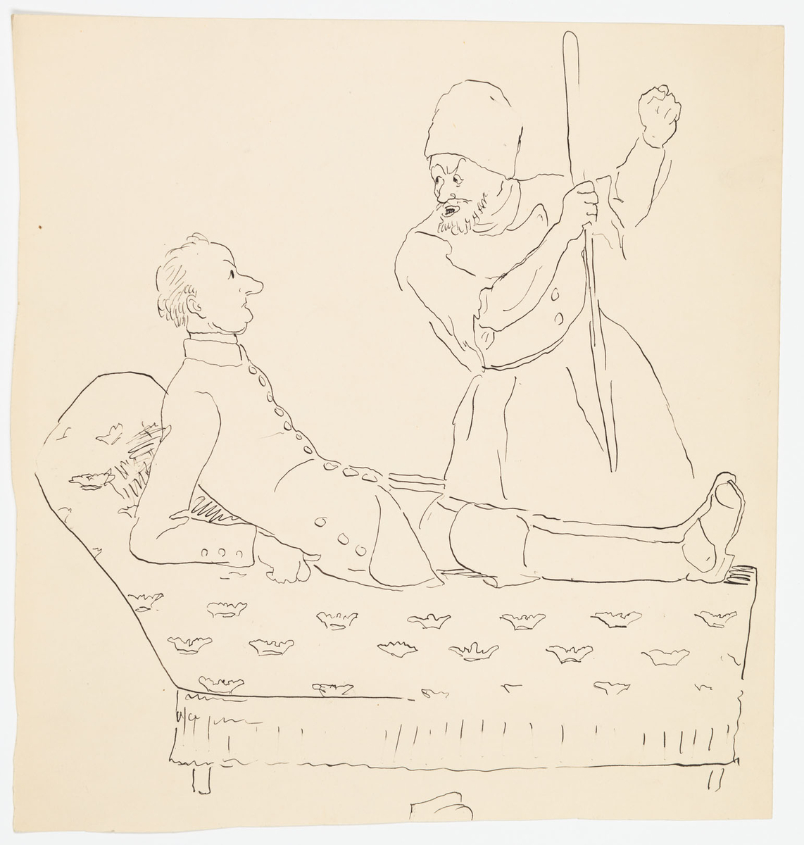 På en kanapé klädd i kron-mönstrat tyg ligger en man avbildad i profil och med huvudet åt höger. Han är klädd som Karl XII i höga stövlar och rock. Till höger står en skäggig man iklädd kortärmad rock och mössa. Han har en stav i högerhanden, tittar på Karl XII och säger något till honom.
På baksidan: En skiss av stående Karl XII. Pappret är avklippt vid huvudet.
