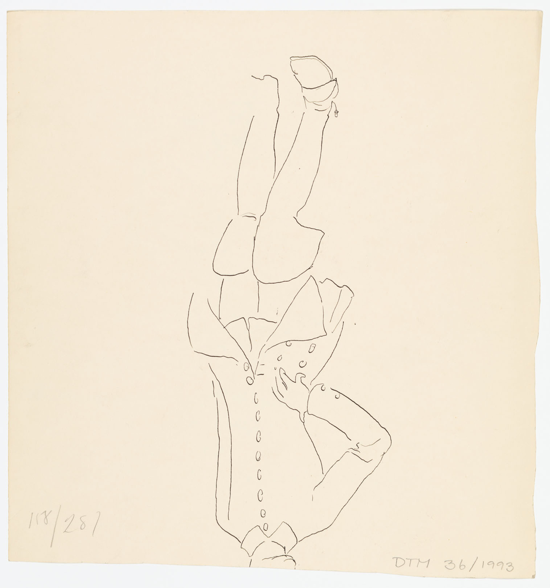 På en kanapé klädd i kron-mönstrat tyg ligger en man avbildad i profil och med huvudet åt höger. Han är klädd som Karl XII i höga stövlar och rock. Till höger står en skäggig man iklädd kortärmad rock och mössa. Han har en stav i högerhanden, tittar på Karl XII och säger något till honom.
På baksidan: En skiss av stående Karl XII. Pappret är avklippt vid huvudet.
