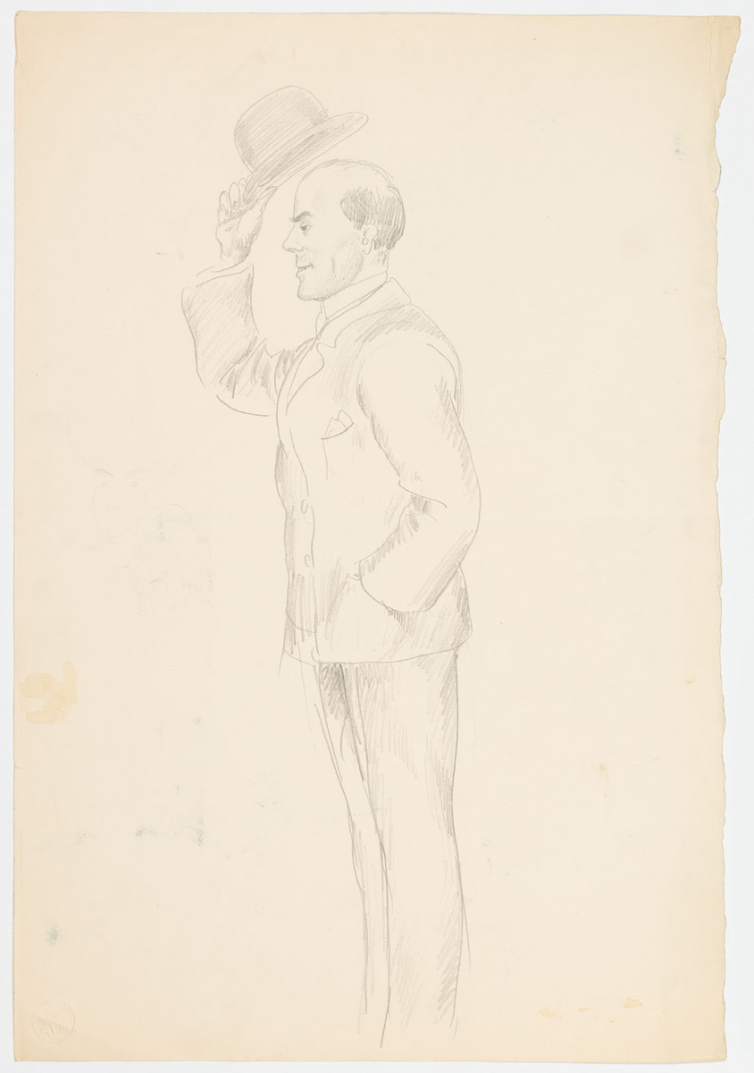 På framsidan: Man stående i profil till vänster iklädd kostym. Vänsterhanden vilar i kavajfickan och med högerhanden lyfter han upp en rundkullig hatt. Han är flintskallig.
På baksidan: Stående man klädd som Karl XII i rock och höga stövlar. Vid vänster höft hänger en värja. Han håller armarna i kors över bröstet.
