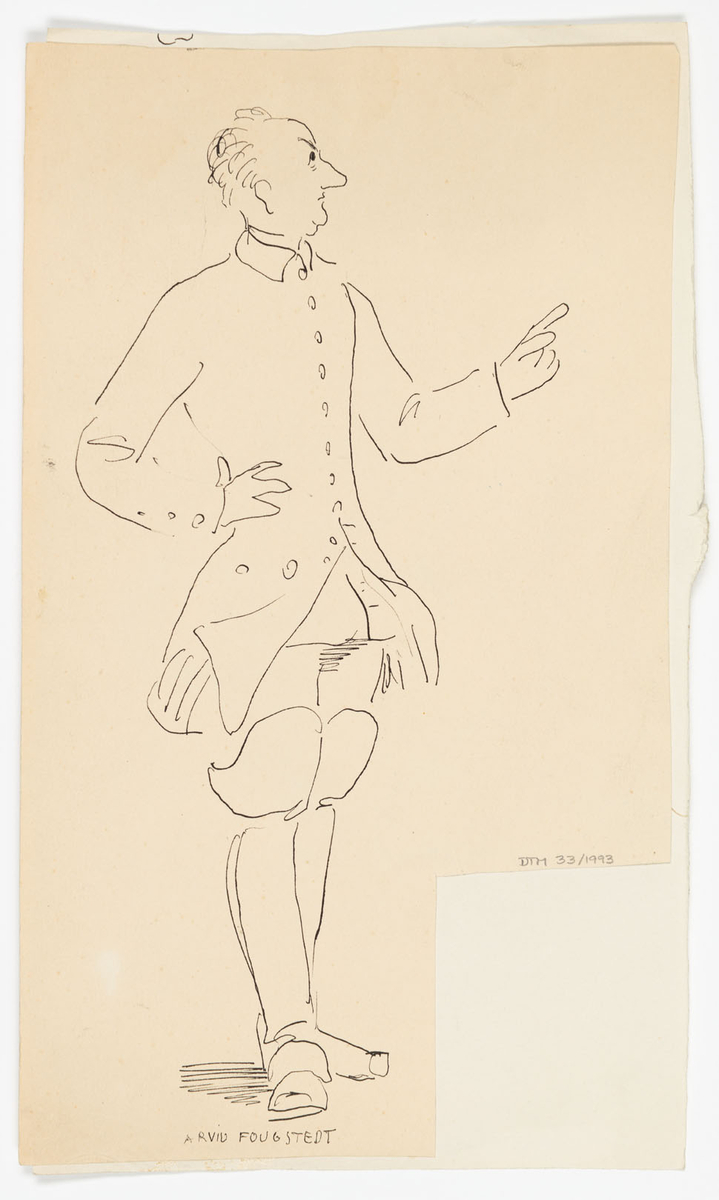 Stående man i helfigur i profil till höger. Högerhanden vila i midjan och vänsterhanden pekar mot höger. Klädd som Karl XII i uniform med höga stövlar och rock.
På baksidan skiss av två ansikten.
