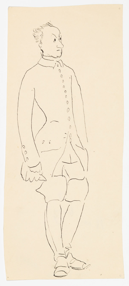 Stående man i halvprofil till höger. Armarna hänger ut efter kroppen. Klädd som Karl XII i uniform med höga stövlar och rock.
