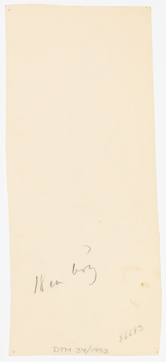 Stående man i halvprofil till höger. Armarna hänger ut efter kroppen. Klädd som Karl XII i uniform med höga stövlar och rock.
