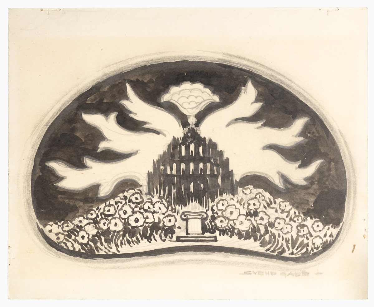 Grotta öppen ut mot havet. Till vänster två knäböjande till höger båtstäv. I bakgrunden en Kristus-vision.
