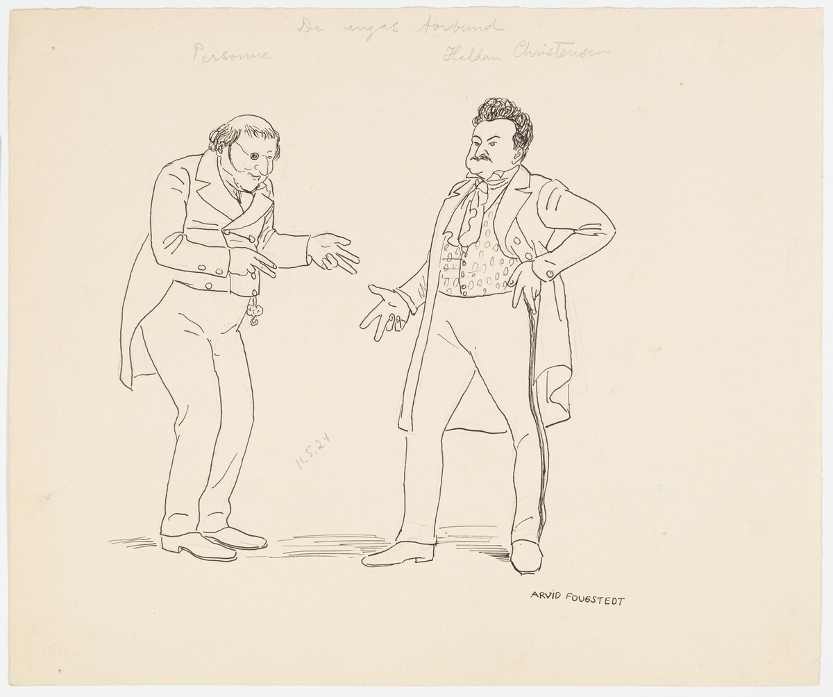 Två män står i halvprofil och gestikulerar mot varandra. Den vänstra är klädd i frack och bär monokel. Den högra i öppen bonjour, byxor med revärer och mönstrad väst. I halsen en kravatt.
