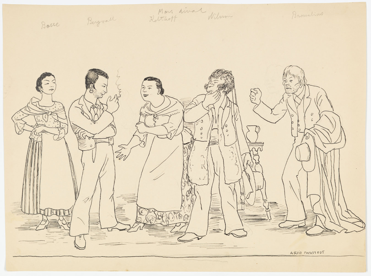 Från vänster till höger står en kvinna (Harriet Bosse som Acacia) i randig kjol, förkläde, prickig blus och sjal. Bredvid en rökande man (Sven Bergvall som Esteban) i profil iklädd väst, byxor skjorta och slips. I mitten en gestikulerande kvinna (Signe Kolthoff som Raimunda) i kjol, blus, förkläde och sjal. Bredvid henne en man (Ivar Nilsson som Rubio) som kliar sig på hakan klädd i byxor, knälång jacka och väst. I vänsterhanden håller han en hatt. Längst till höger en man (Carl Browallius som Eusubio) i halvprofil till vänster i byxor, jacka och väst. Över armarna hänger en rock och i vänsterhanden håller han en hatt.
