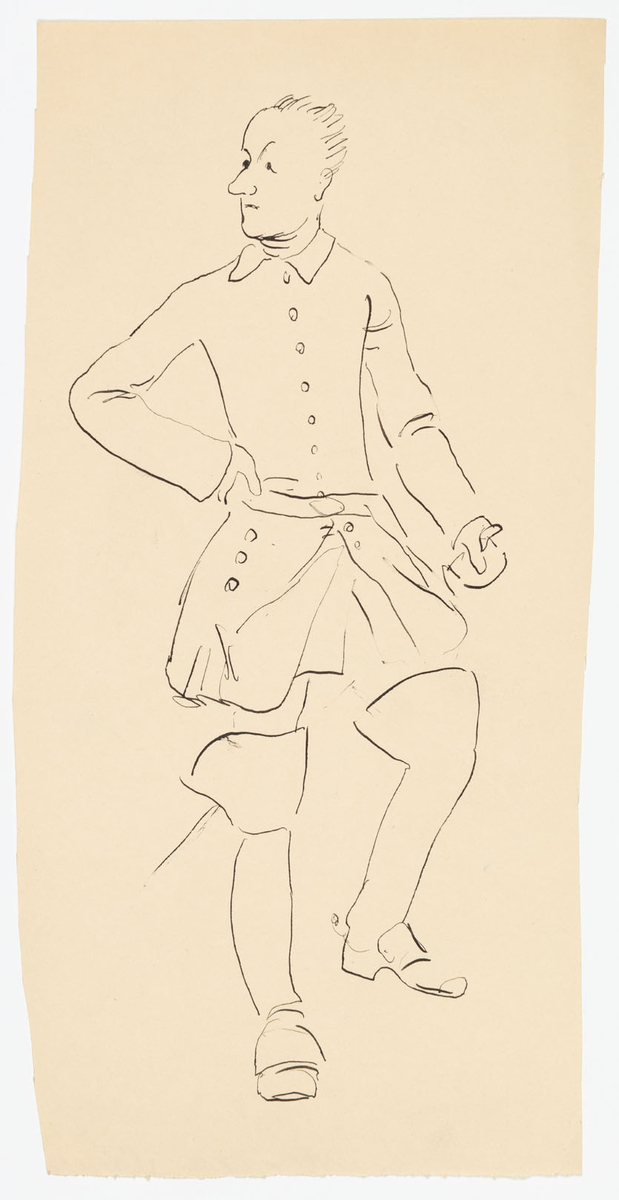 Stående man, kroppen framifrån och huvudet i halvprofil till vänster. Högerhanden stöder mot midjan och i vänster håller han en värja. Klädd i uniform som Karl XII i höga stövlar och rock.
