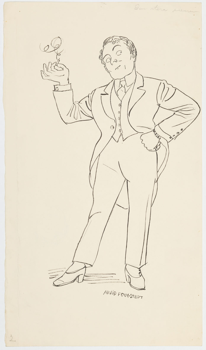 Man i frack med väst och slips samt skor med klack. Han håller en rykande cigarett i ena handen och tittar uppåt. På baksidan en tuschteckning av mannens huvud.
