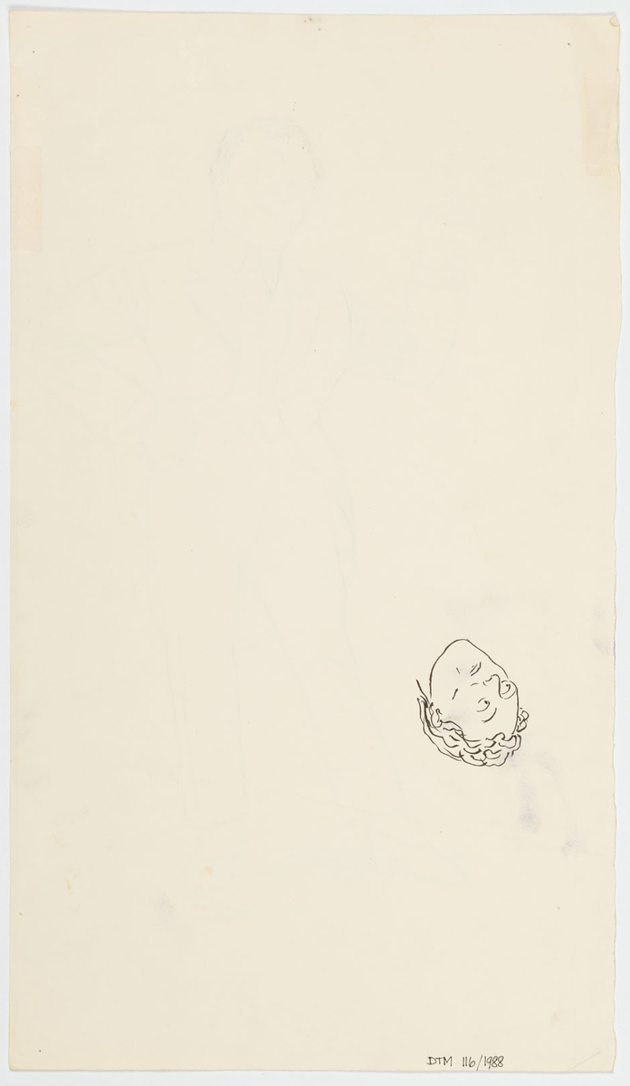 Man i frack med väst och slips samt skor med klack. Han håller en rykande cigarett i ena handen och tittar uppåt. På baksidan en tuschteckning av mannens huvud.
