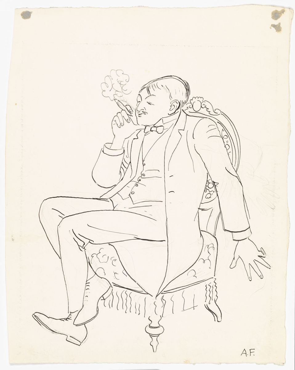 En man sitter på en stoppad stol och röker cigarr. Han har ljusa byxor, väst och rock samt fluga.
