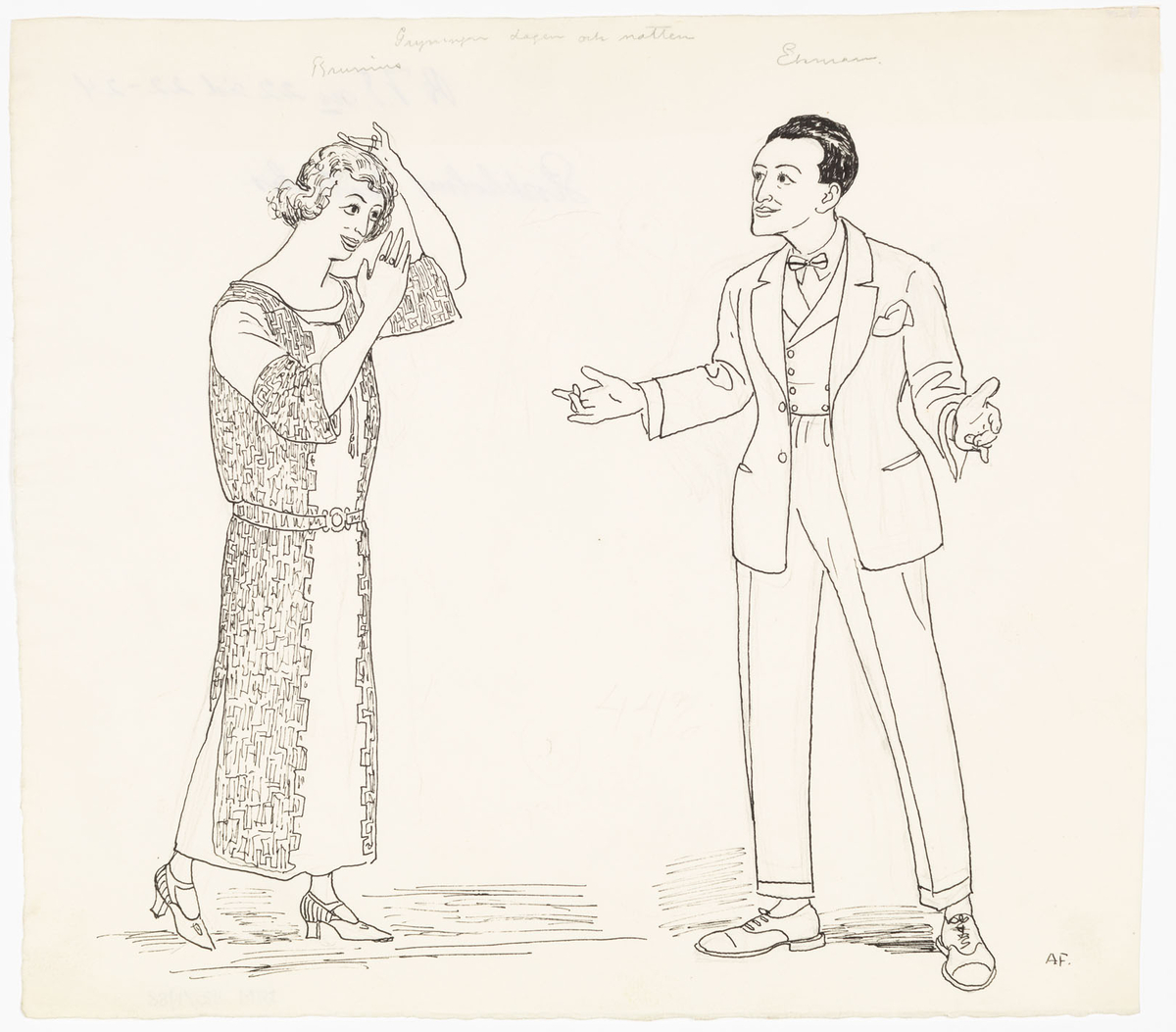 Kvinnan bär en ankellång mönstrad klänning med skärp på höften. Mannen bär kostym, väst och fluga. De står vända mot varandra och gestikulerar med händerna.
