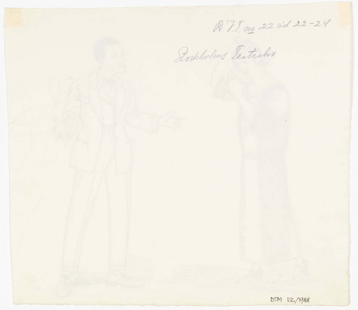 Kvinnan bär en ankellång mönstrad klänning med skärp på höften. Mannen bär kostym, väst och fluga. De står vända mot varandra och gestikulerar med händerna.
