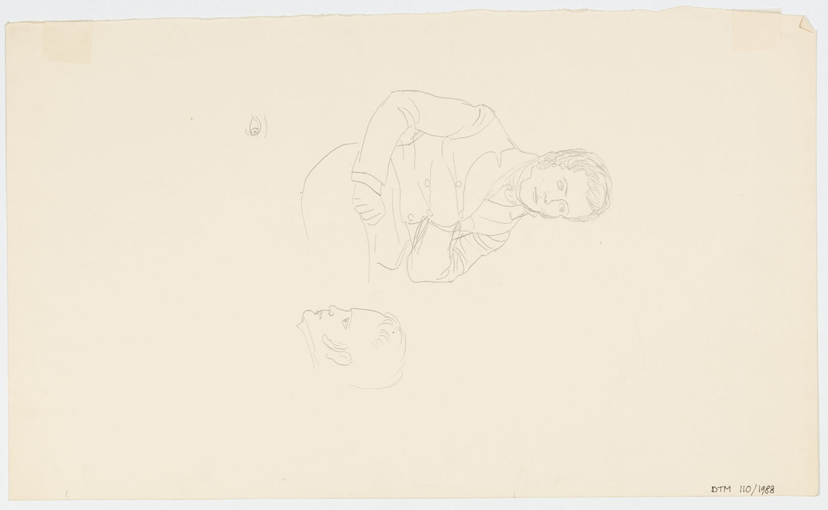 Till vänster en ljushårig kvinna (Karin Molander) i tunn lång klädnad samt tre män. Till höger om henne en man (Anders de Wahl) i mönstrad lång klädnad med brett bälte om midjan. Till höger om honom två män med svärd. Den ene (Lars Hansson) i randig skjorta, rutig väst, byxor samt broderad sjal på huvudet. Den andre (Uno Henning) i jacka, kort tunika, trikåer och kort cape. På baksidan blyertskiss av manshuvud i profil samt en sittande man.
