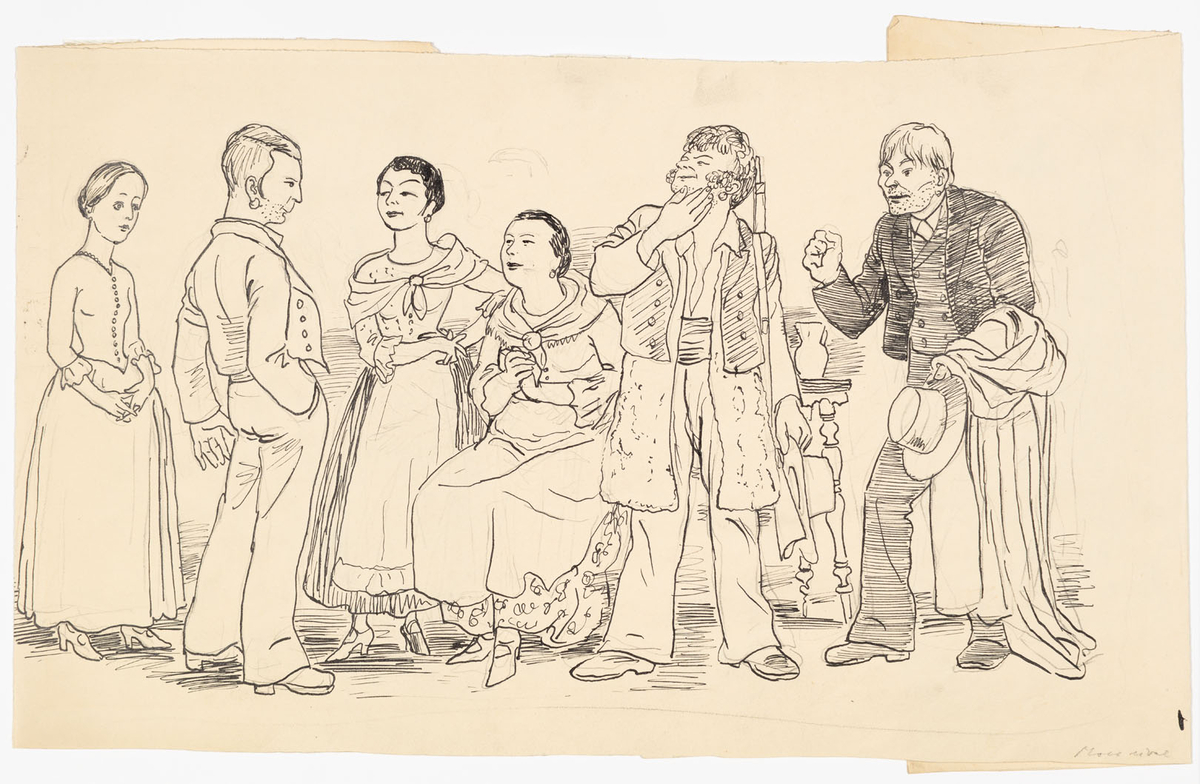 Tre kvinnor och tre män. Kvinnorna bär långa vida kjolar eller klänning. Två av dem har förkläde samt sjal knuten runt axlarna. Männen bär vida byxor och korta jackor. De har alla markerad skäggstubb. En man har även en lång väst och ett gevär. Mannen längst till höger håller i en hatt och ett tyg/cape. Alla män har ring i örat. På bildens baksida skisser i tusch och blyerts: flera ansikten, två helfigurer, två personer i halvfigur med mera. 
