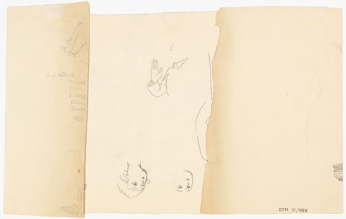 Tre kvinnor och tre män. Kvinnorna bär långa vida kjolar eller klänning. Två av dem har förkläde samt sjal knuten runt axlarna. Männen bär vida byxor och korta jackor. De har alla markerad skäggstubb. En man har även en lång väst och ett gevär. Mannen längst till höger håller i en hatt och ett tyg/cape. Alla män har ring i örat. På bildens baksida skisser i tusch och blyerts: flera ansikten, två helfigurer, två personer i halvfigur med mera. 
