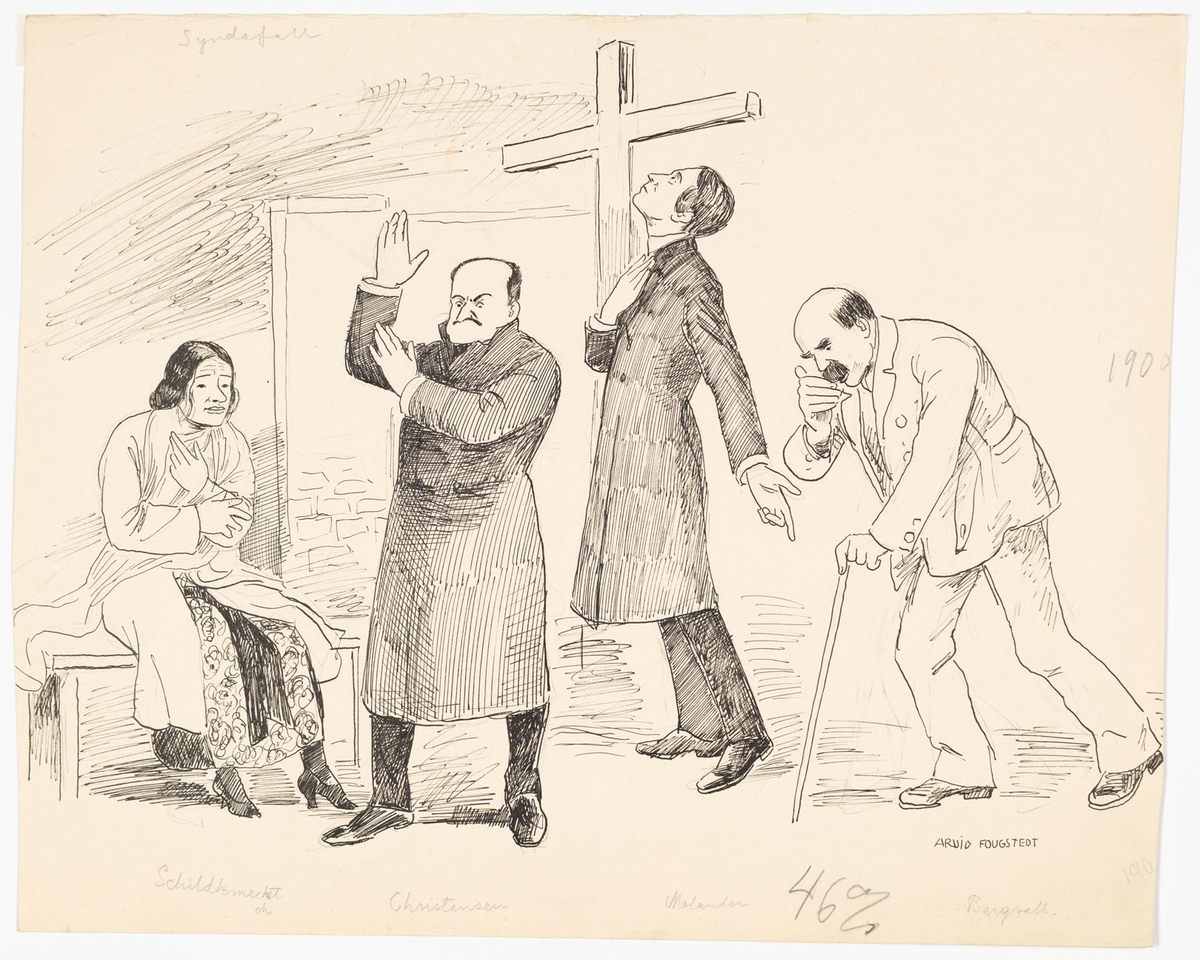 Till vänster på bilden sitter en kvinna (Maria Schildknecht) på en bänk. Hon är iklädd kappa över en ankellång, mönstrad klänning. Till höger om henne står en man (Halfdan Christensen) i överrock. Han grimaserar och håller en arm, vinklad upp i lyften. Till höger om honom står en prästklädd man (Gustaf Molander) i profil framför ett kors. Längst till höger en hopböjd man (Sven Bergvall) i ljus kostym, stödd på en käpp. På bildens baksida två blyertsskisser av ett manshuvud.
