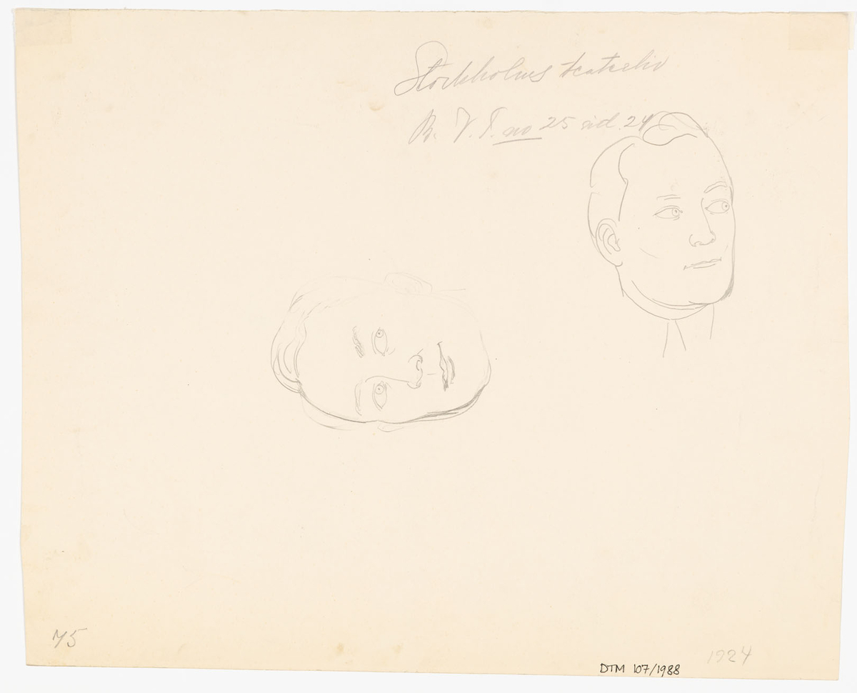 Till vänster på bilden sitter en kvinna (Maria Schildknecht) på en bänk. Hon är iklädd kappa över en ankellång, mönstrad klänning. Till höger om henne står en man (Halfdan Christensen) i överrock. Han grimaserar och håller en arm, vinklad upp i lyften. Till höger om honom står en prästklädd man (Gustaf Molander) i profil framför ett kors. Längst till höger en hopböjd man (Sven Bergvall) i ljus kostym, stödd på en käpp. På bildens baksida två blyertsskisser av ett manshuvud.
